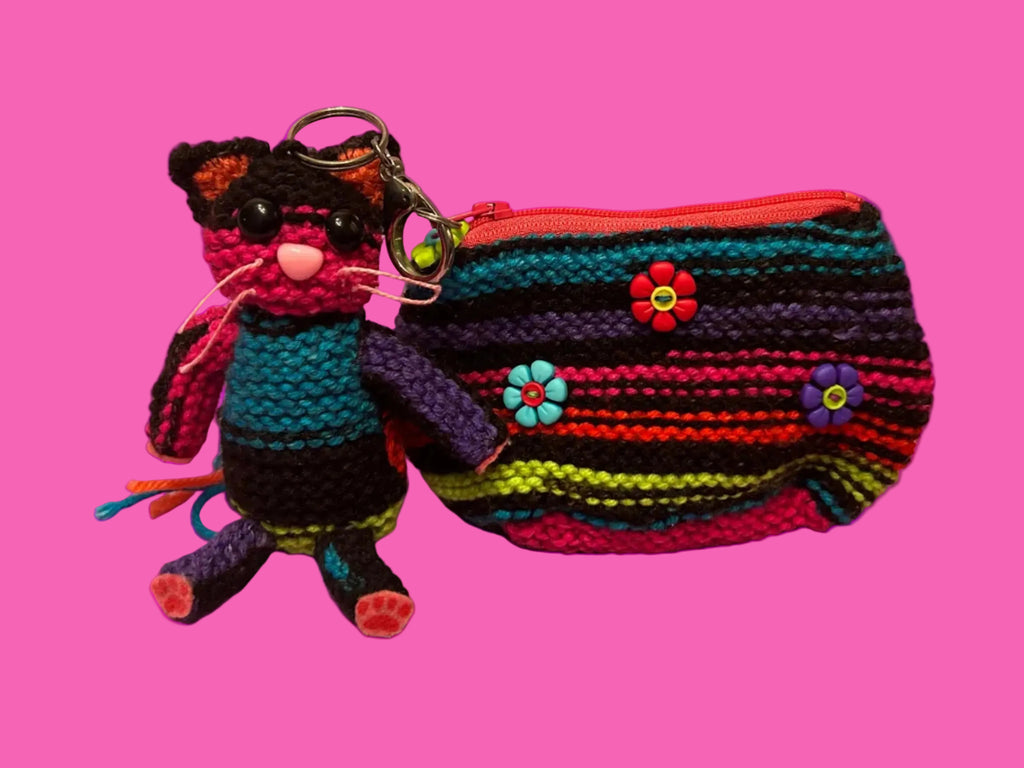 Knitted Rainbow Coin Purse with Matching Rainbow Cat Keychain