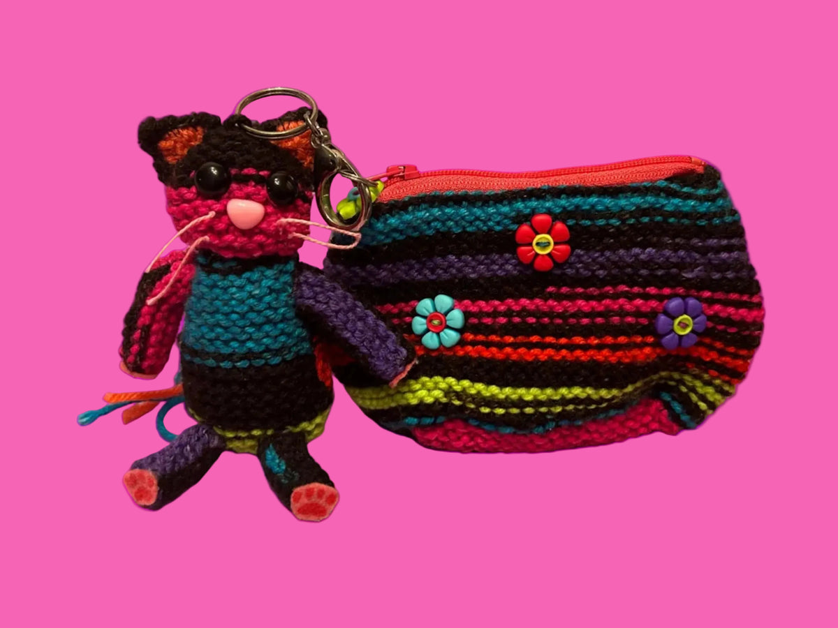 Knitted Rainbow Coin Purse with Matching Rainbow Cat Keychain