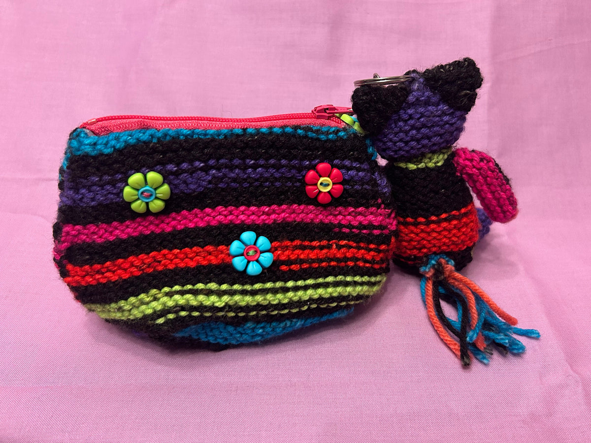 Knitted Rainbow Coin Purse with Matching Rainbow Cat Keychain